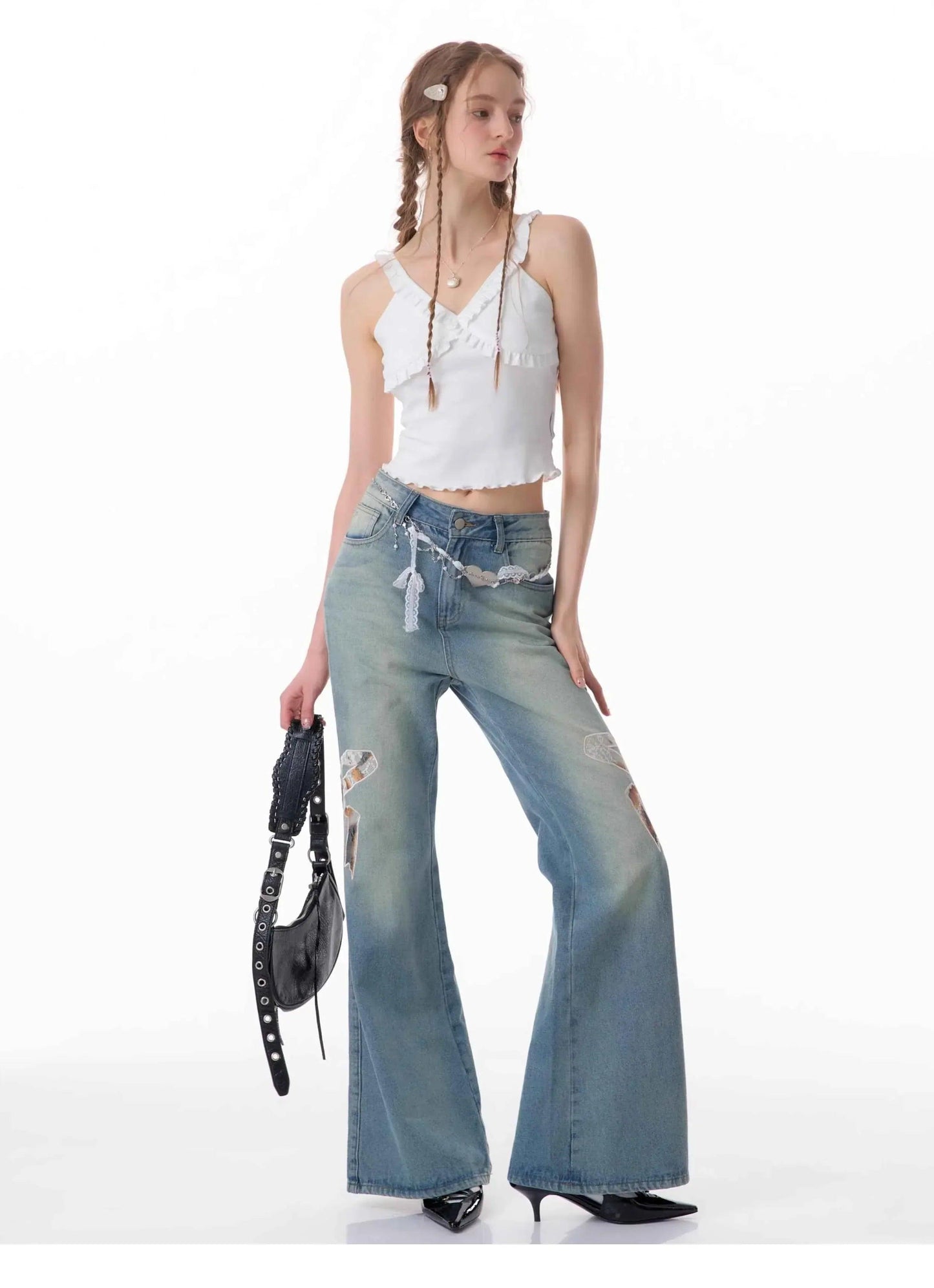 High Waist Bow Patch Wide Leg Straight Jeans For Women