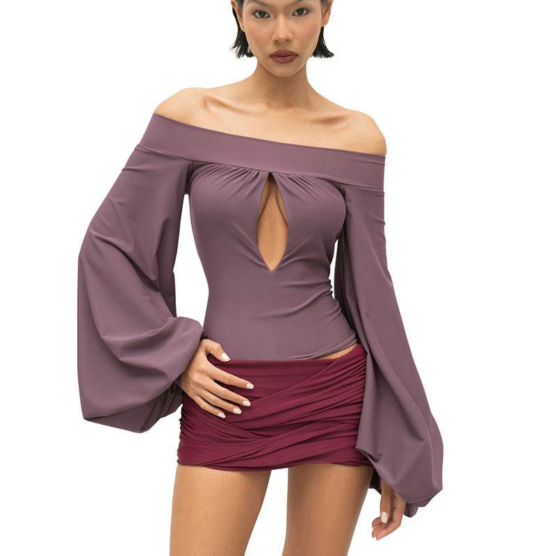 European And American-style Off-neck Lantern Sleeve Hollow-out Top For Women MuddyStock