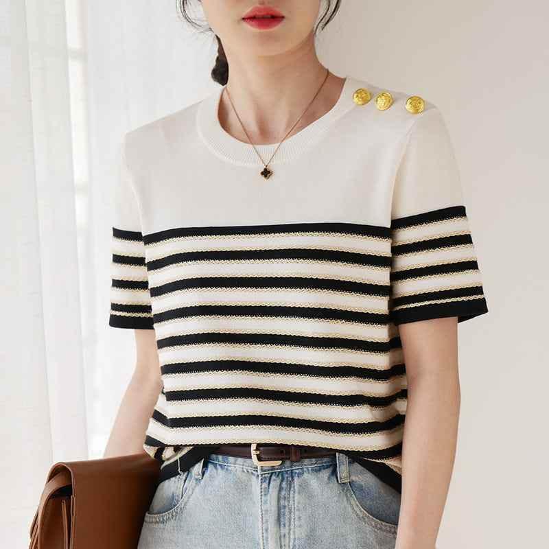 Knitted Short-sleeved Loose Striped T-shirt White MuddyStock