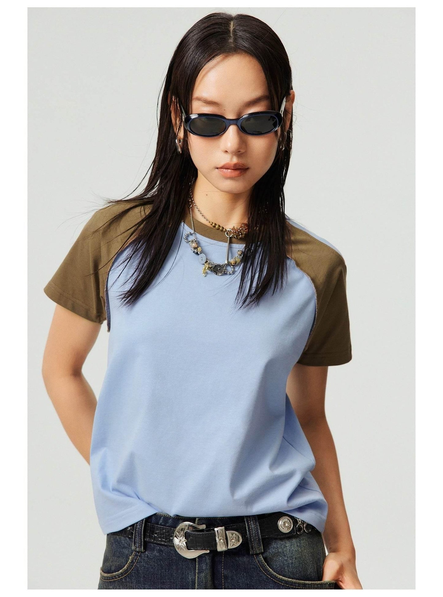 Heavy Round Neck Cultural T-shirt Advertising Shirt Light Blue Brown