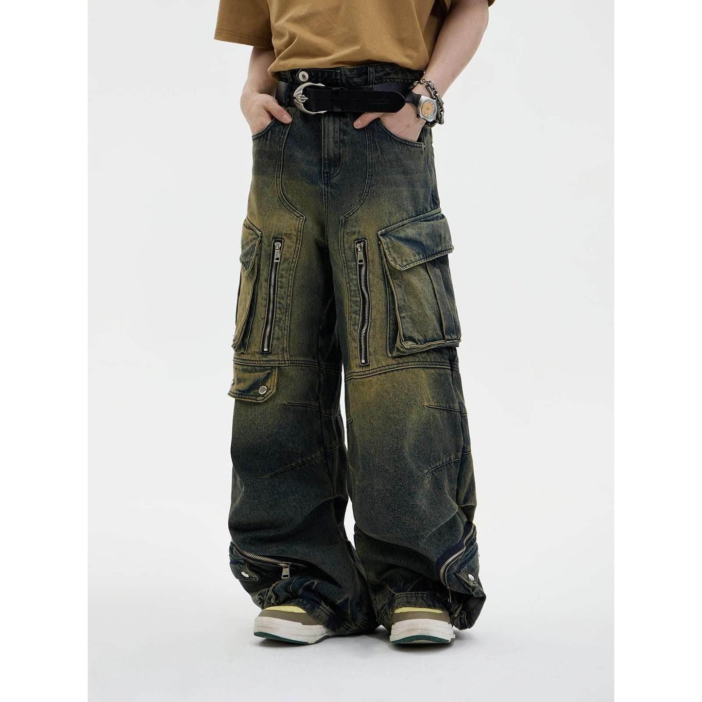Design Retro Work Style Multi Pocket Jeans Old Wash Blue Pants