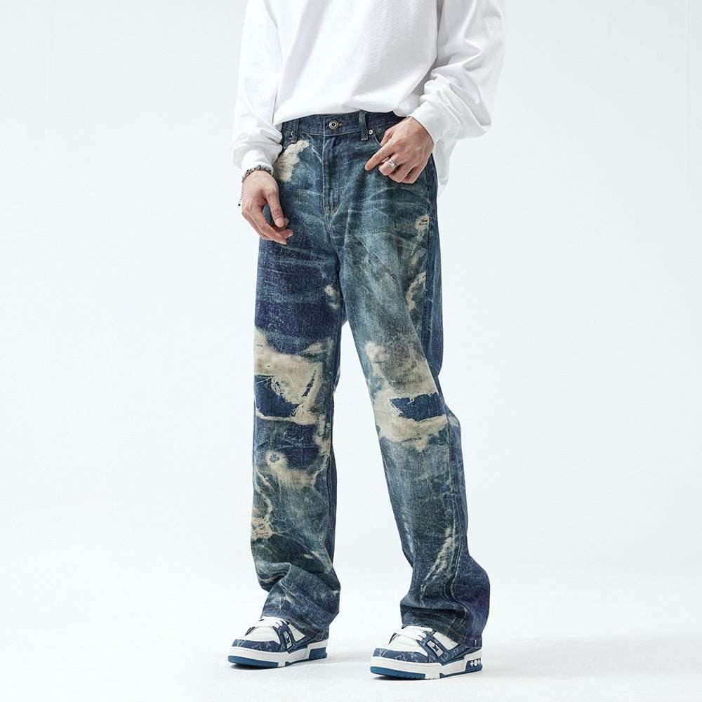 Fake Ripped Jeans Men's Fashion Straight Trousers MuddyStock