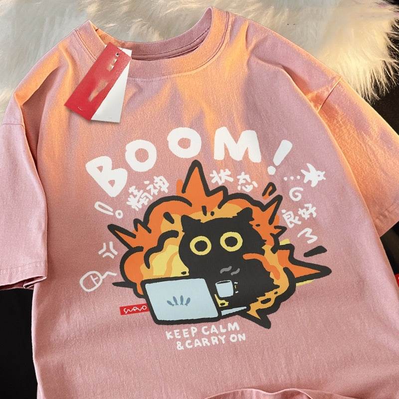 Black Cat Cotton Short-sleeved T-shirt Casual Loose Summer Breathable For Both Men And Women Cherry blossom powder MuddyStock