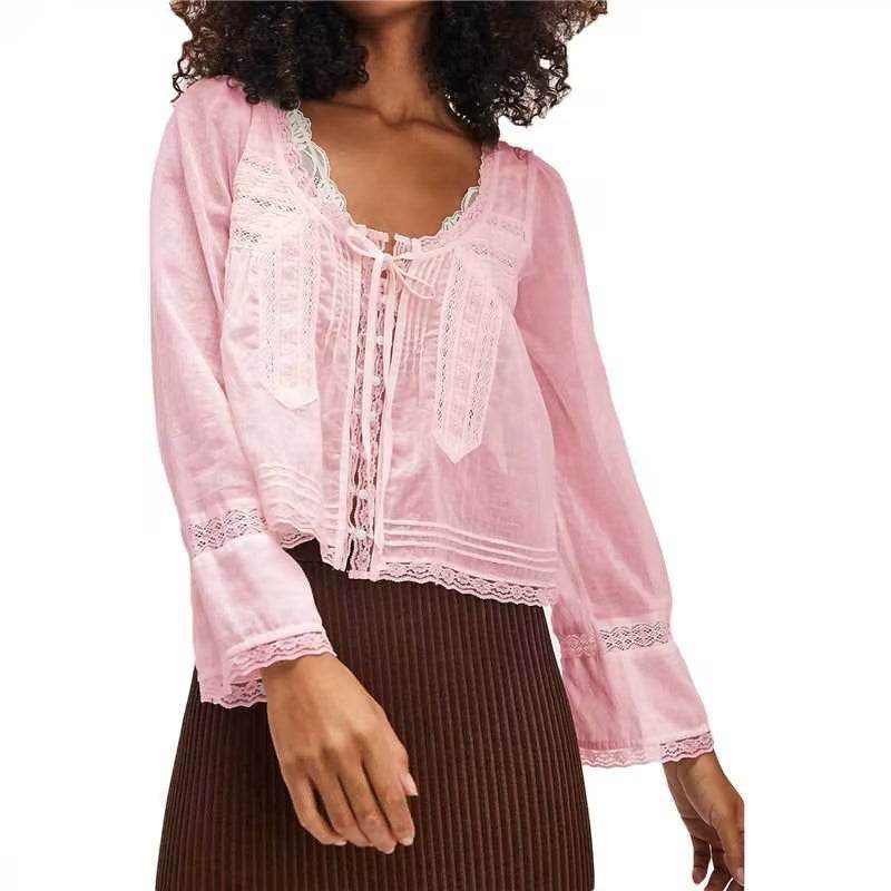 Lace U-shaped Lace Collar Long Sleeve Light Shirt Pink MuddyStock