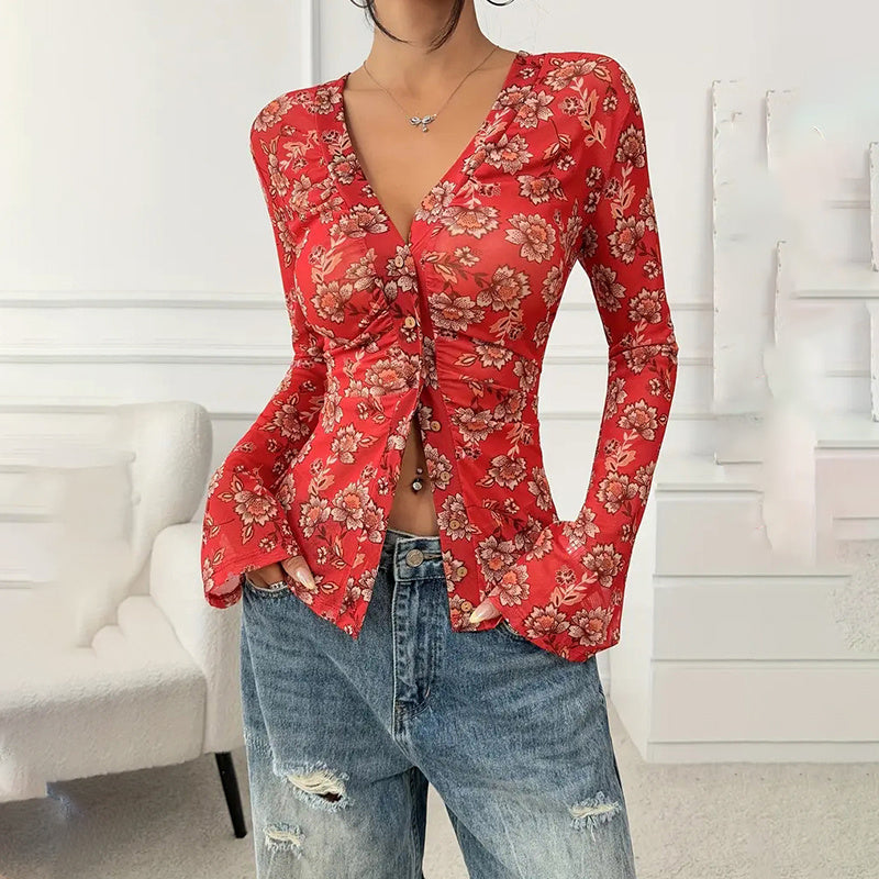 Women Button Down Long Sleeve V Neck Ruched Fitted Top MuddyStock