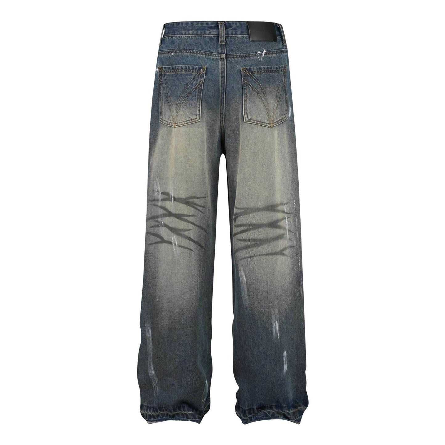 Retro Washed Distressed Graffiti Stitching Jeans Wide-leg Straight Trousers MuddyStock