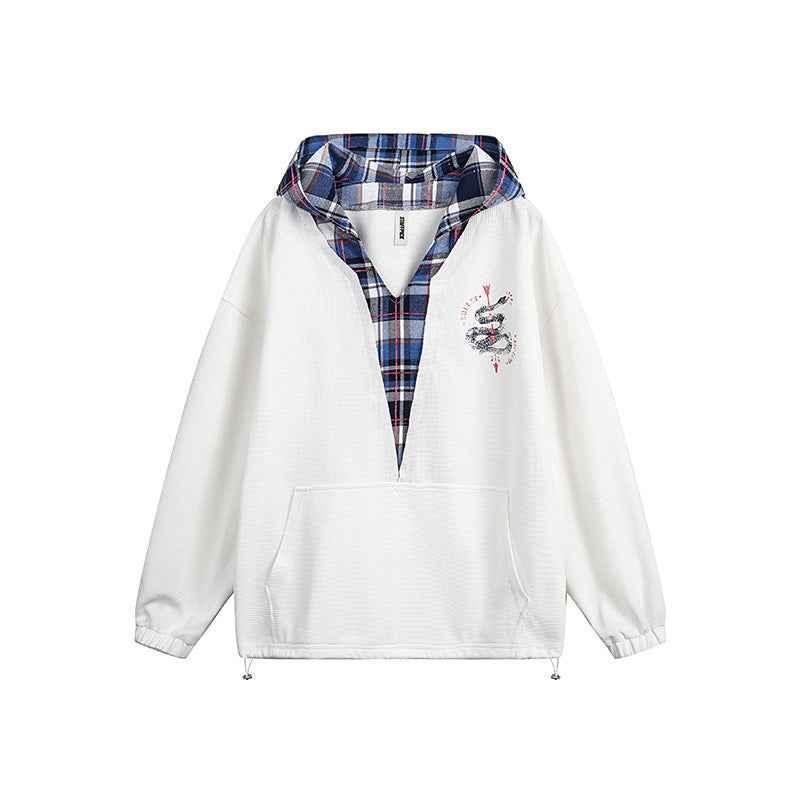 Japanese-style Retro Fake Two-piece Plaid Stitching Contrast Color Hoodie For Women Ivory White