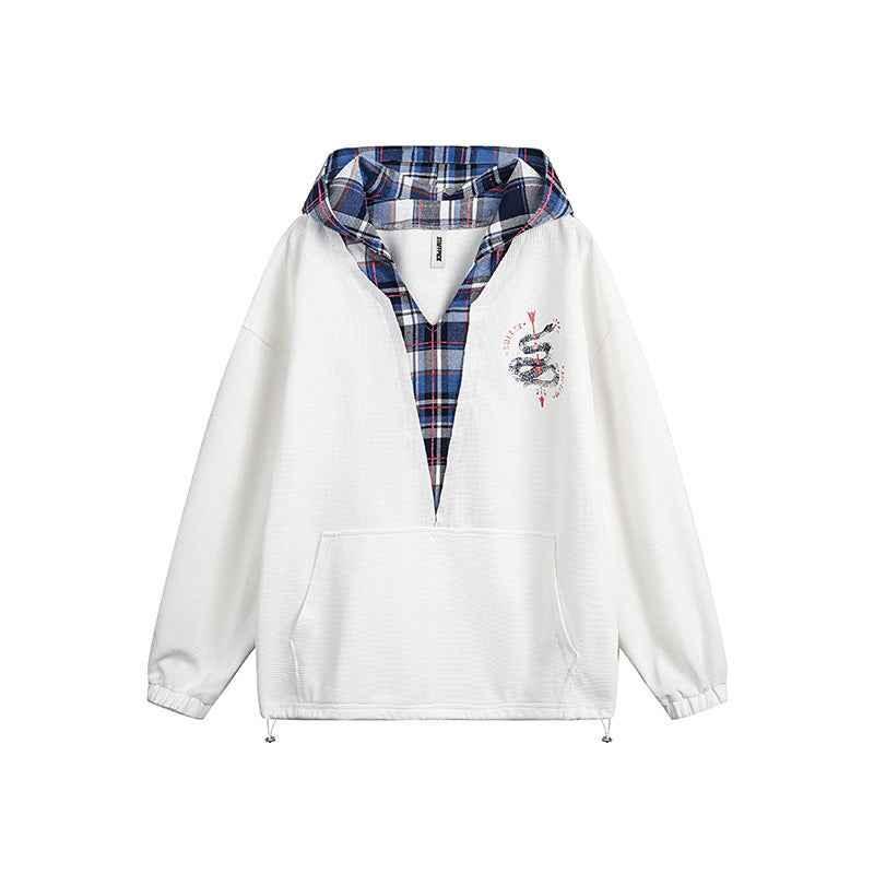 Japanese-style Retro Fake Two-piece Plaid Stitching Contrast Color Hoodie For Women Ivory White MuddyStock