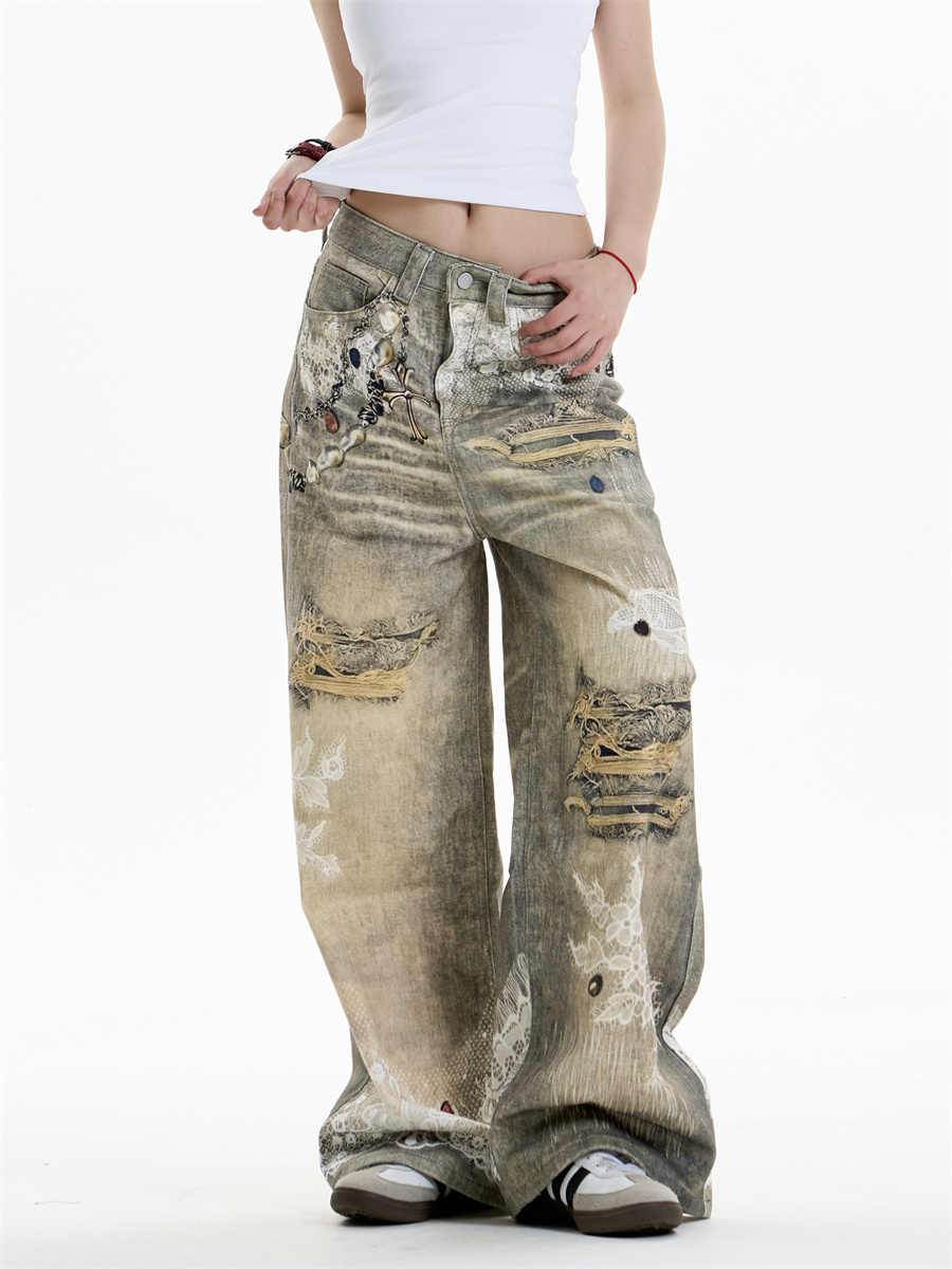 Cross Printed Jeans Women's Wide-leg Pants MuddyStock
