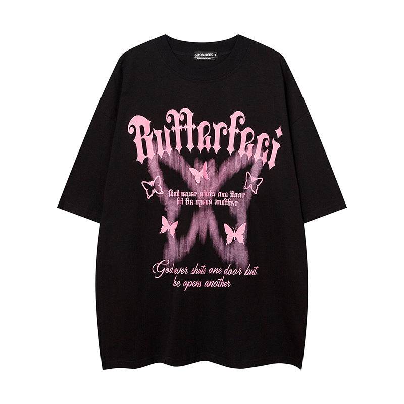 American High Street Butterfly Printed T-shirt For Men And Women Black MuddyStock