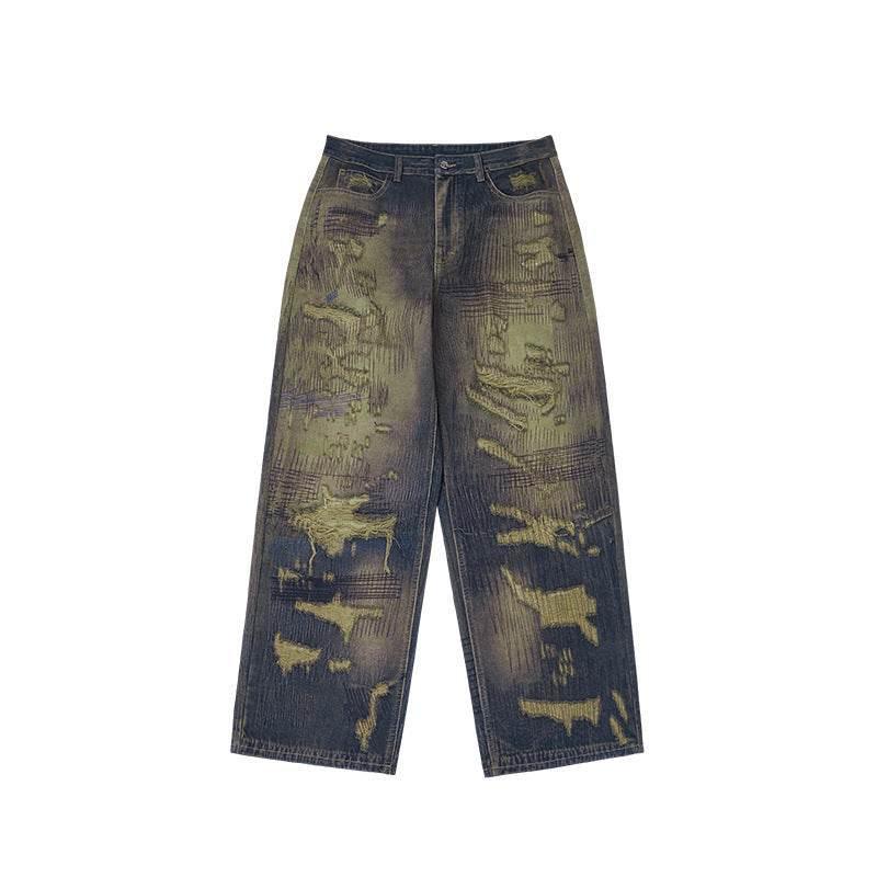 Autumn And Winter New American Street Fashion Printed Denim Wide Leg Pants For Men