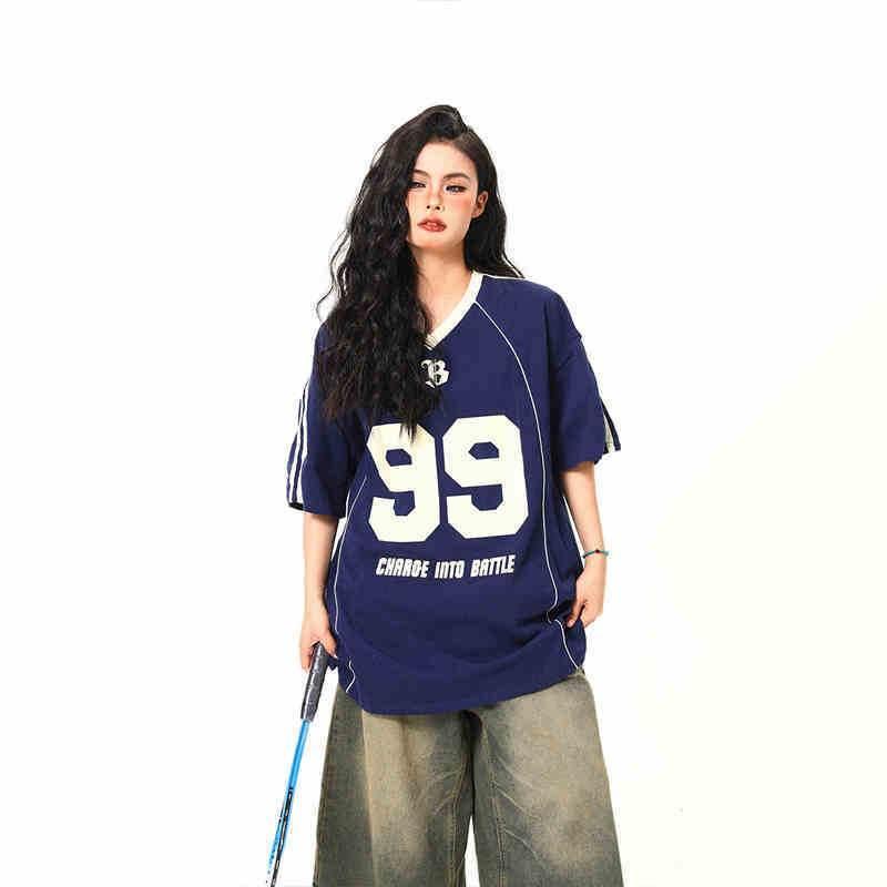 Retro V-neck Jersey Sports Style Short Sleeve T-shirt For Women Blue