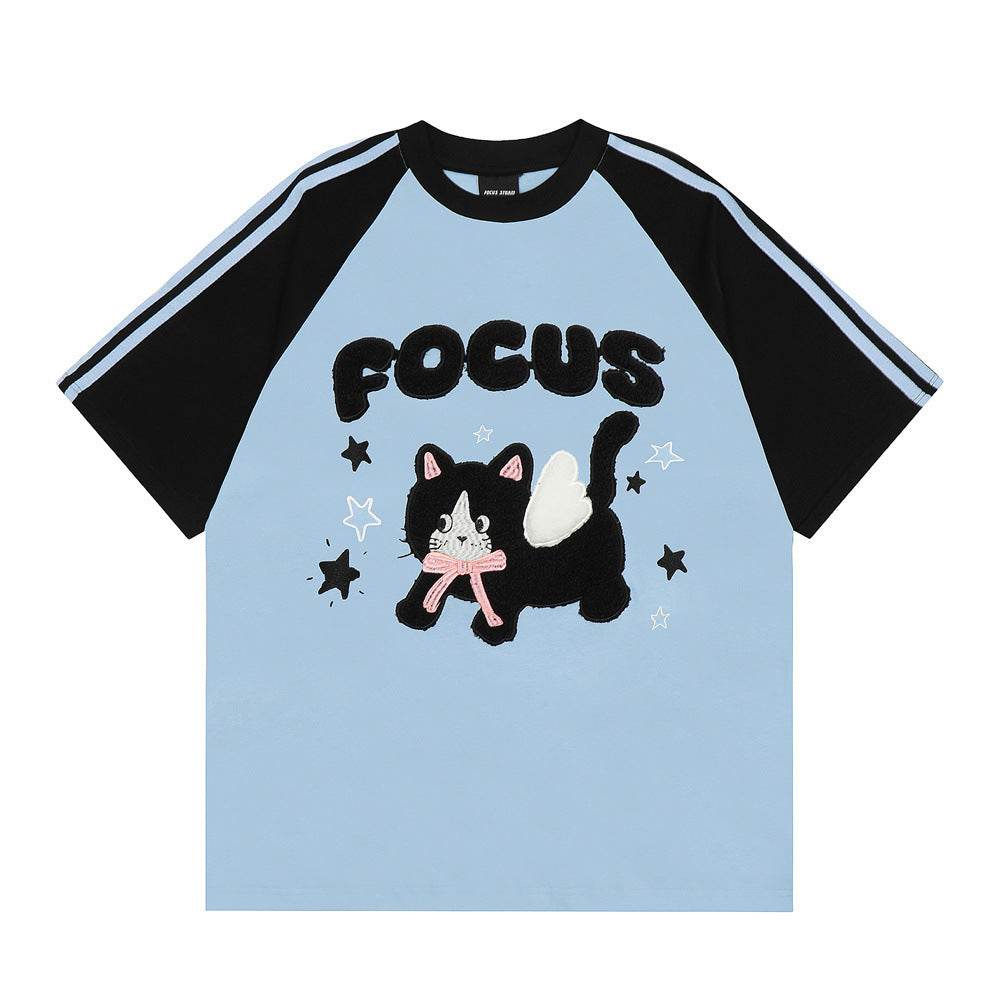 Cartoon Kitten Flocking Embroidered Short Sleeve For Men And Women MuddyStock