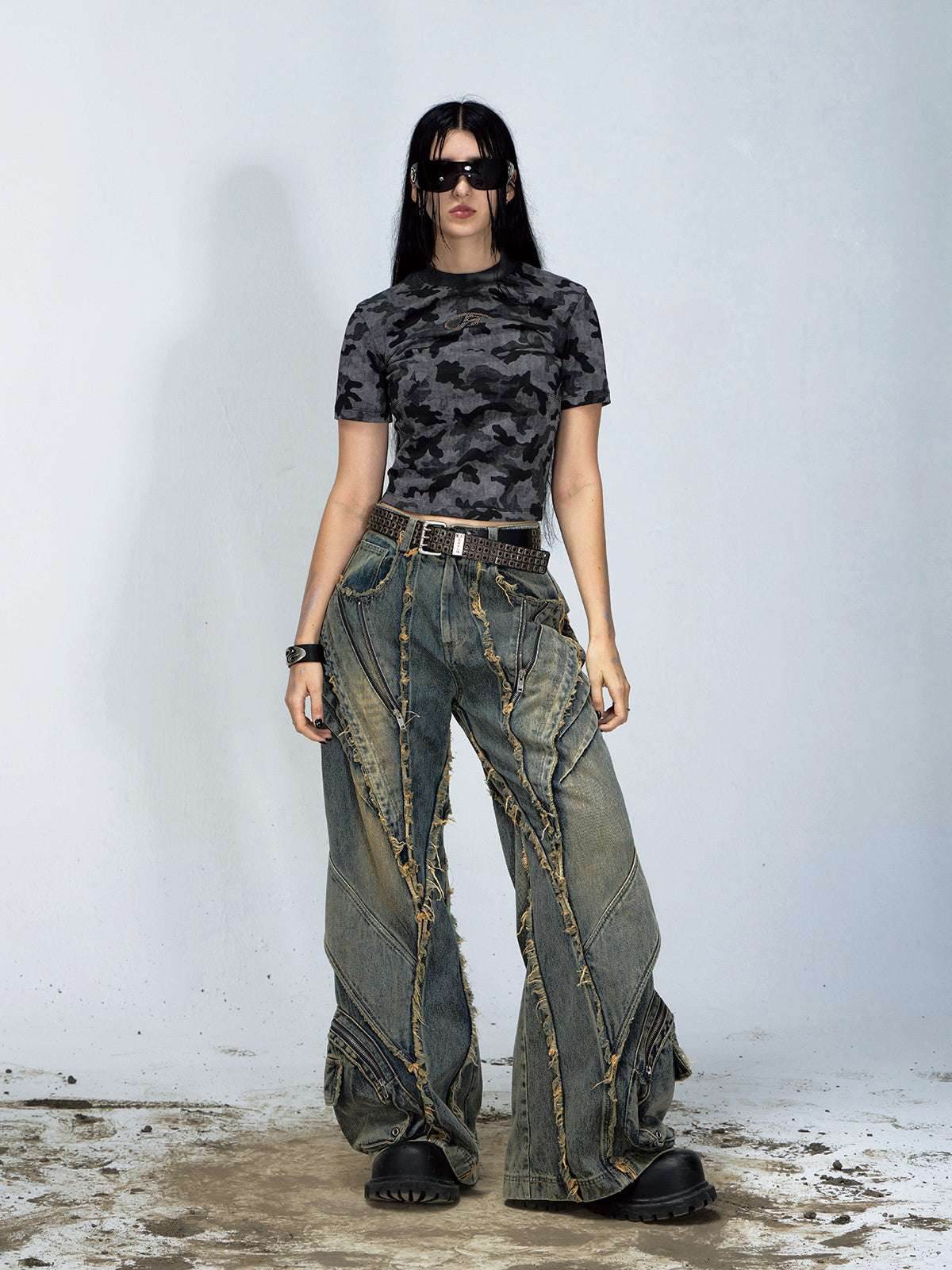 Heavy Industry Destroyed Raw Edge Stitching Jeans Retro Wide Leg Trousers MuddyStock