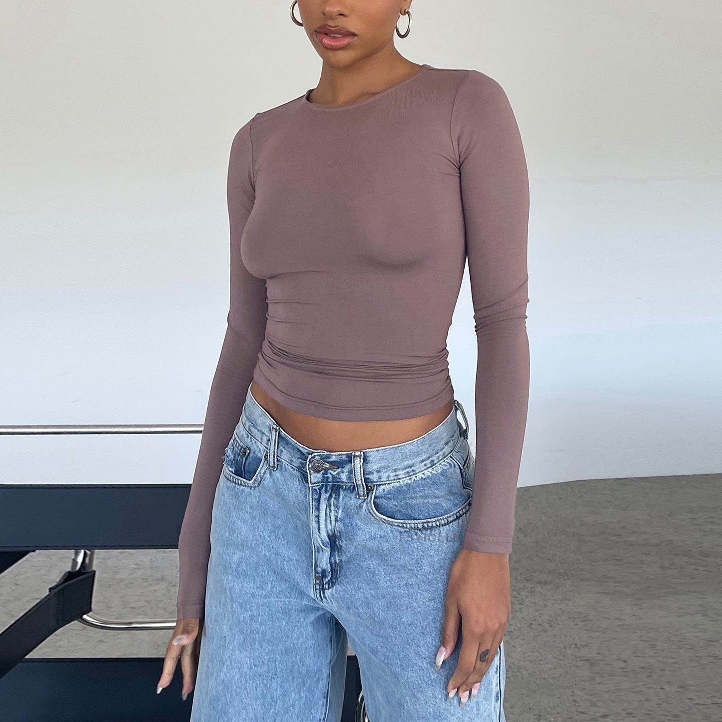 Women's Clothing Fashion Slim Long-sleeved Pullovers Tops Solid Causal Fit Shirts Leather powder MuddyStock