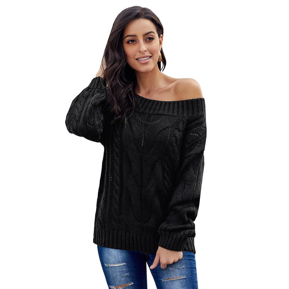 Thick Women's Diagonal Collar Long-sleeved Off-the-shoulder Loose Pullover Sweater Black MuddyStock