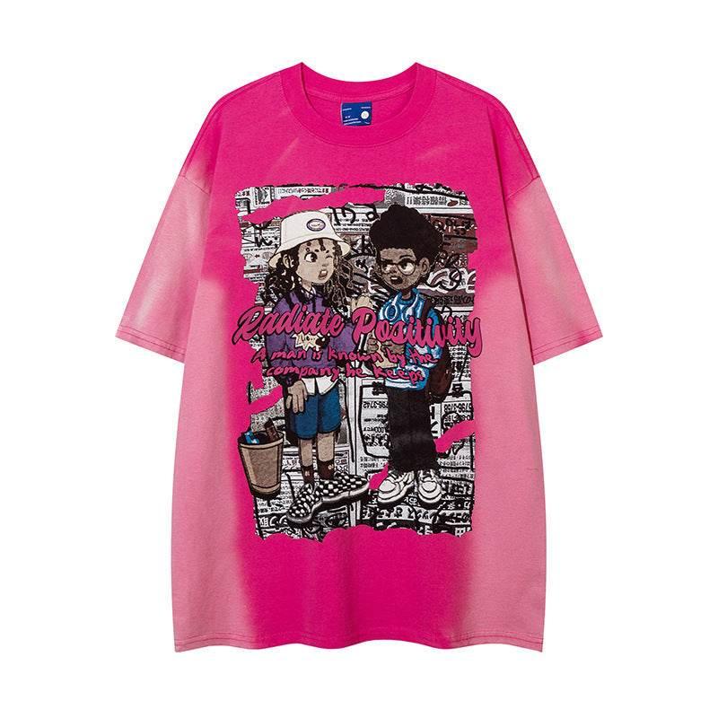 Hand Painted Cartoon Animation Short Sleeve For Men And Women Rose Red