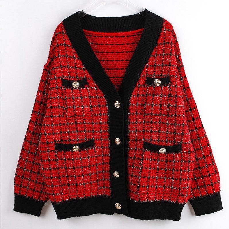Knitted Jacket Women's Cardigan Plaid Loose Thickening Small Fragrance Style Foreign Style Red Onesize MuddyStock