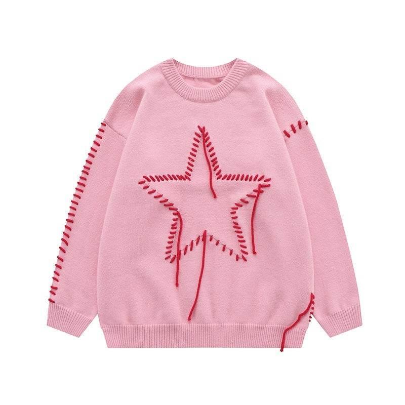 Autumn New Star Design Knitted Women's Round Neck Sweater Pink