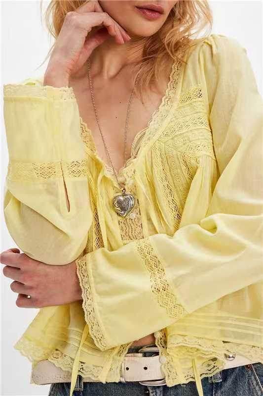 Lace U-shaped Lace Collar Long Sleeve Light Shirt Yellow