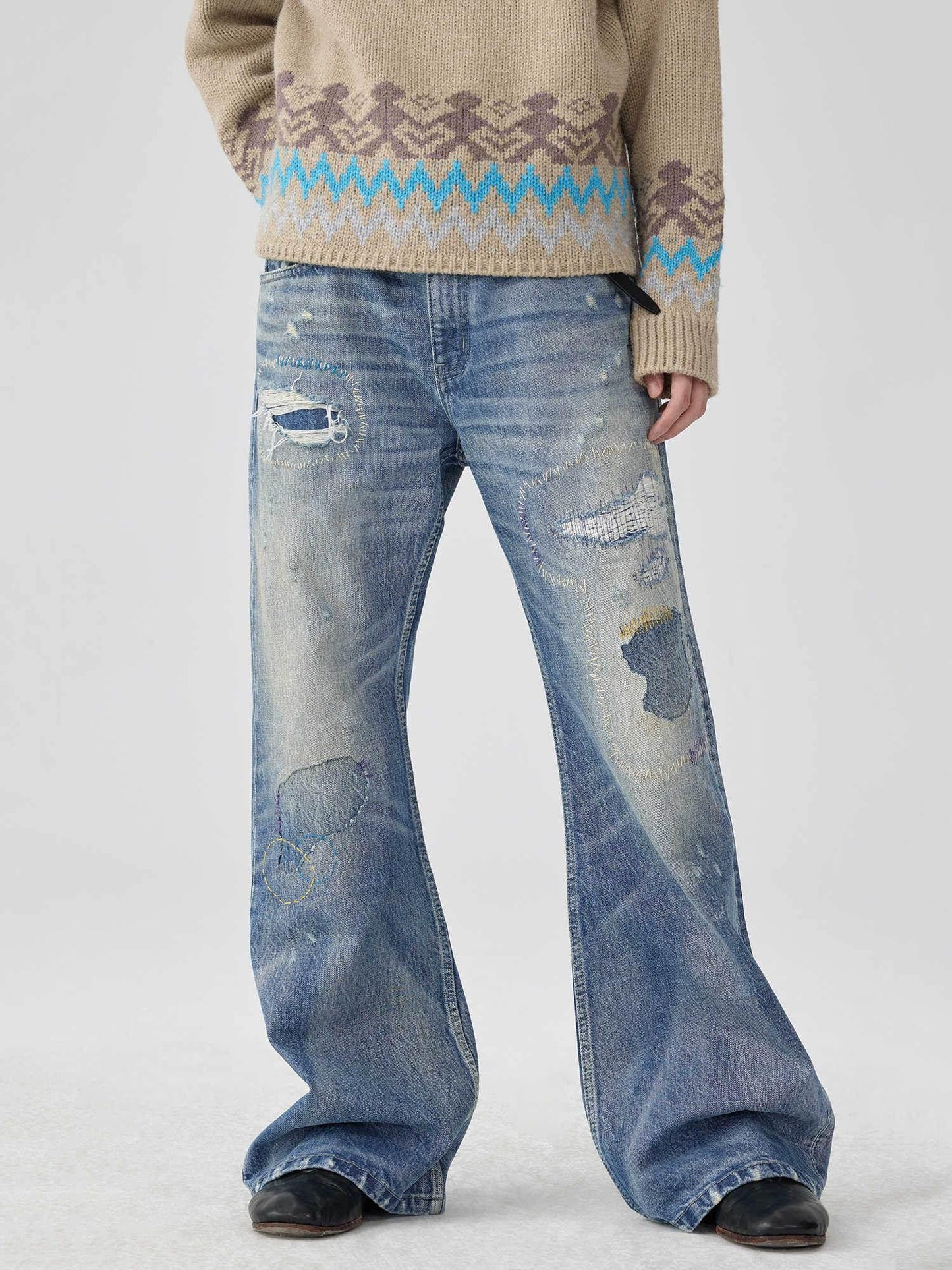 Washed Blue Patch Color Wire-track Flared Jeans For Men And Women