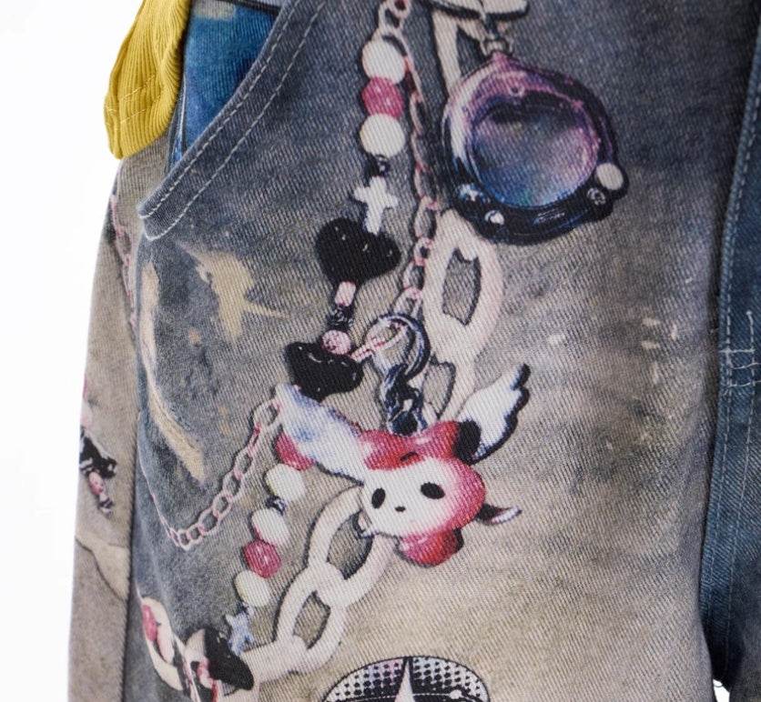 American Retro Cartoon Chain Printed Jeans For Women MuddyStock