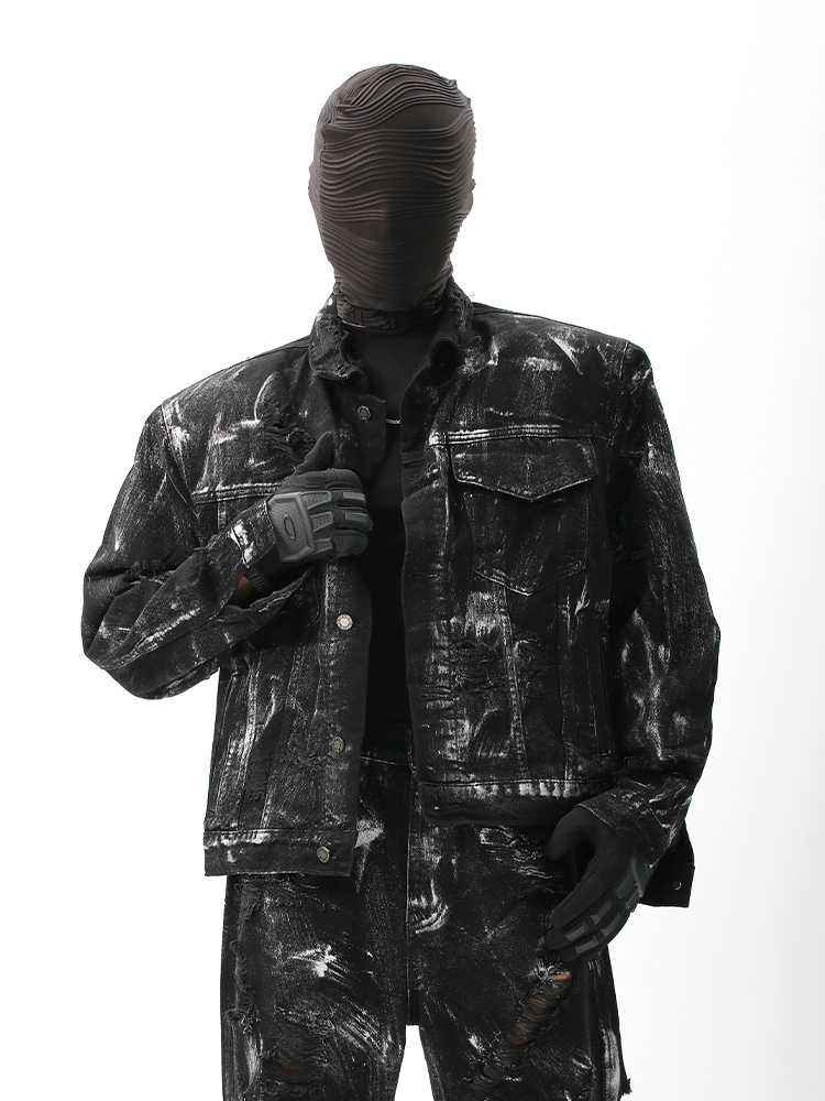 Street Graffiti Washed Make Old Ripped Denim Coat For Men