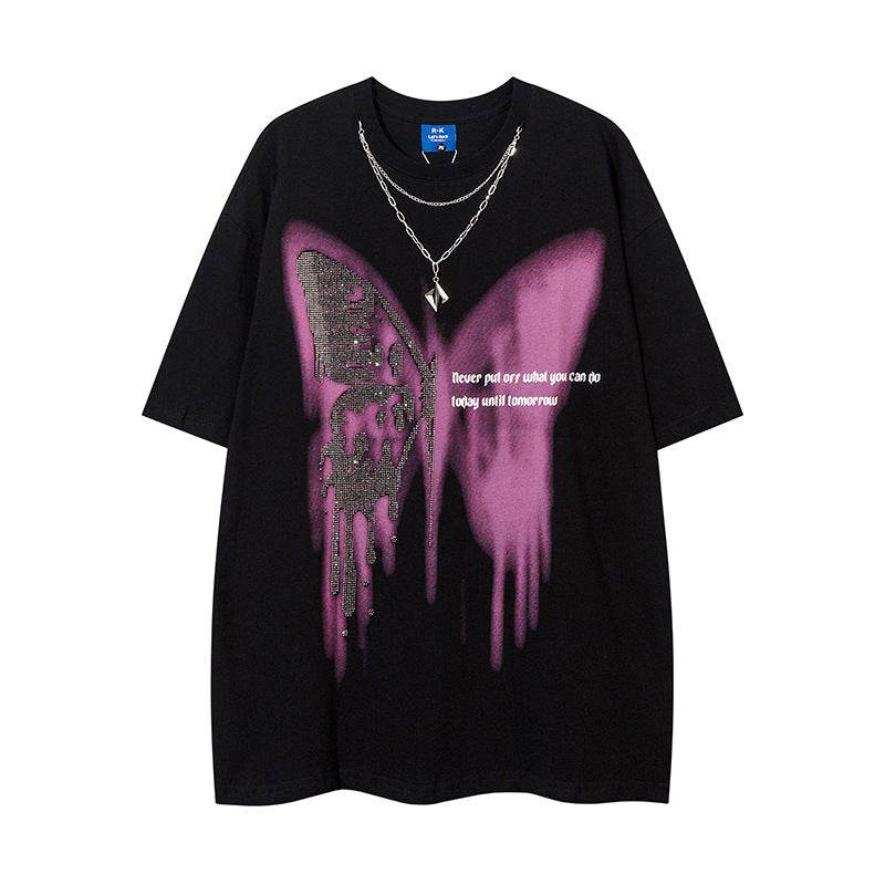 Butterfly Rhinestone Printed Necklace T-shirt For Men And Women Black MuddyStock