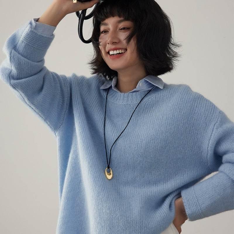 Pure Cashmere Wide Sweater Pullover Women's Thick Sky Light Blue Free Size