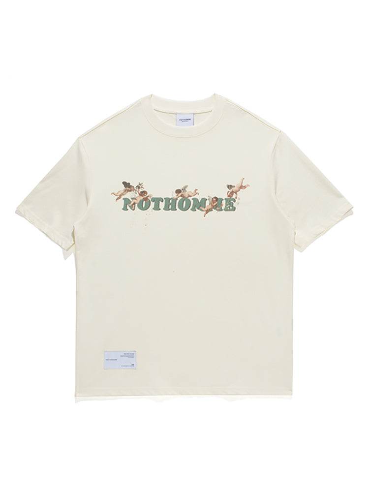 Round Neck Loose Short Sleeve Printed T-shirt For Men And Women Beige MuddyStock