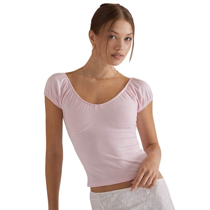 Short Sleeve V-neck Simplicity Backless Casual Top T-shirt MuddyStock