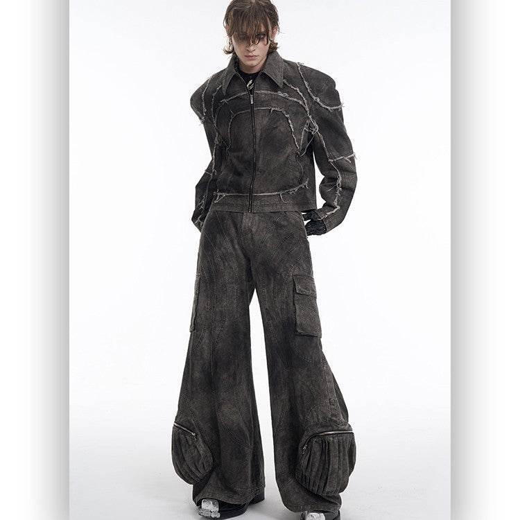 Short Gray Padded Shoulder Denim Coat For Men