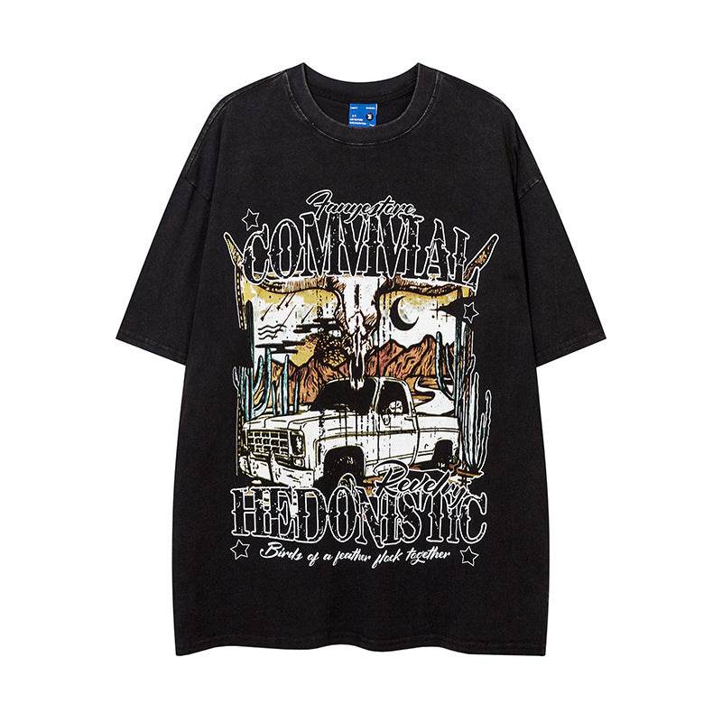 Cartoon Car Print Loose Short Sleeve For Men And Women Black MuddyStock