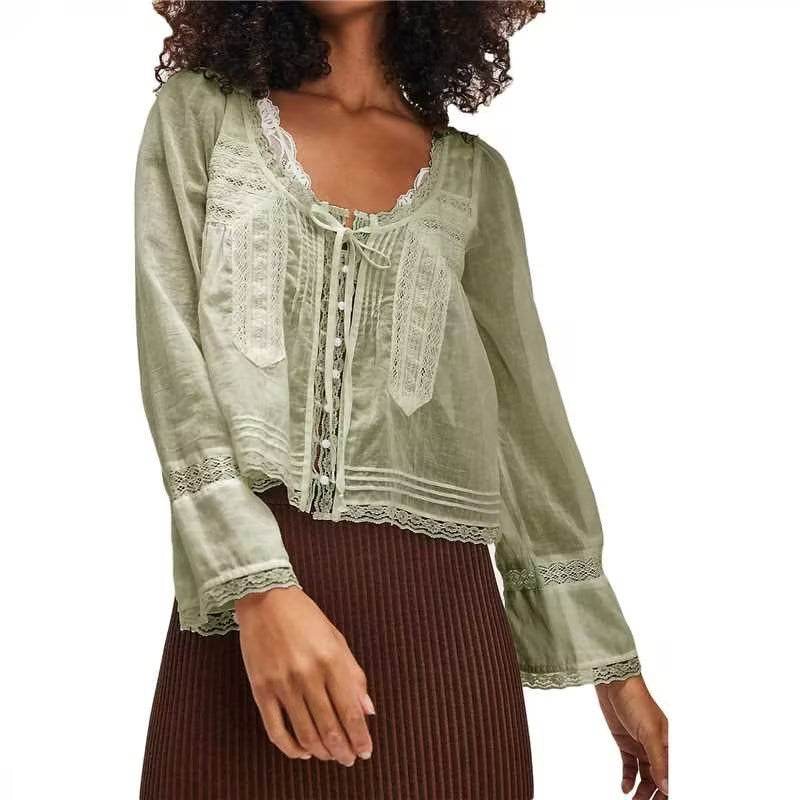 Lace U-shaped Lace Collar Long Sleeve Light Shirt Dark Khaki MuddyStock