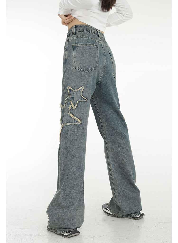 High-waisted Draping Straight Slightly Flared Jeans For Women