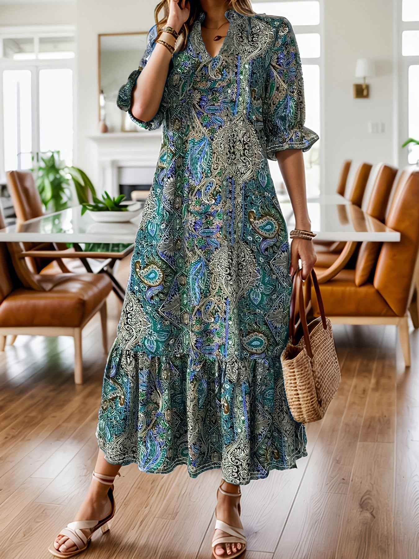 Women's Clothing Printed V-neck Plus Size Dress Cyan MuddyStock