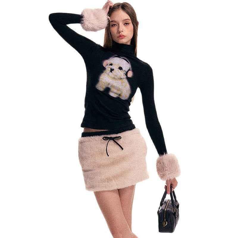 Puppy Print Semi-turtle Neck Long Sleeve T-shirt For Women Black Tops