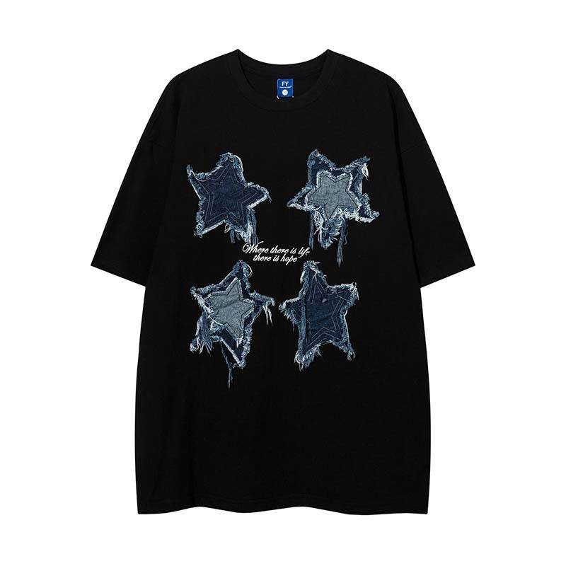 Vintage Patch Five-pointed Star Short Pomelo T Shirt For Men And Women Black MuddyStock
