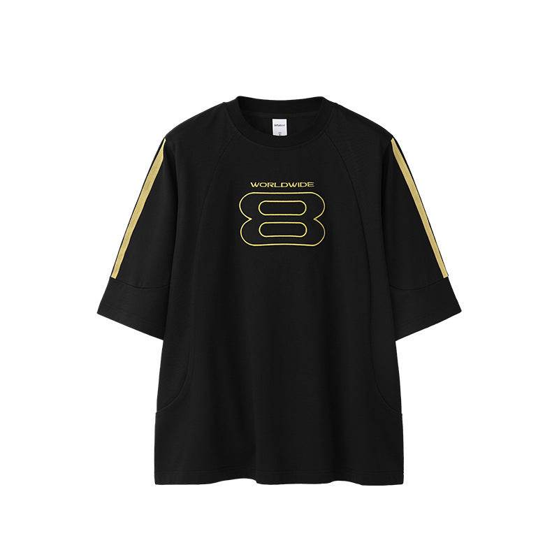 Stitching Sports Embroidery T-shirt American Style Loose Short Sleeve Reactive Black MuddyStock