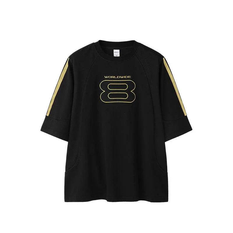 Stitching Sports Embroidery T-shirt American Style Loose Short Sleeve Reactive Black