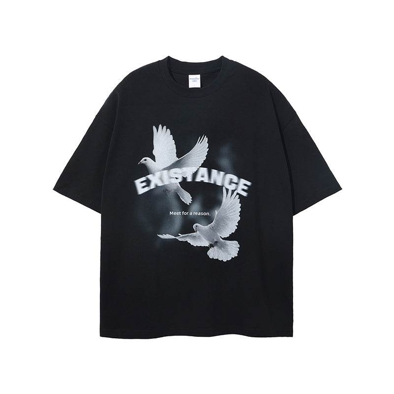 Dove Printed Casual Loose Fitting T-shirt For Men Black MuddyStock