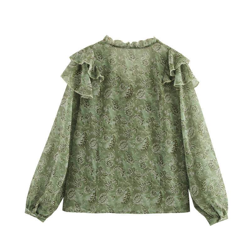 Laminated Decoration Gentle And Stylish Printed Round Neck Shirt MuddyStock