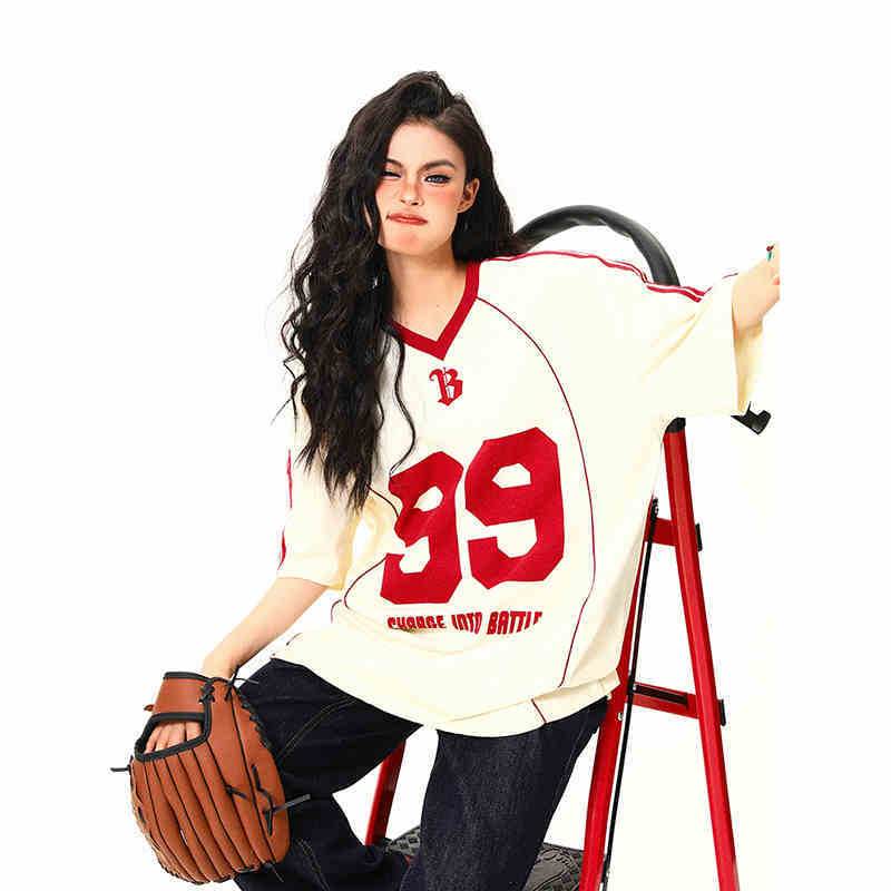 Retro V-neck Jersey Sports Style Short Sleeve T-shirt For Women Apricot MuddyStock