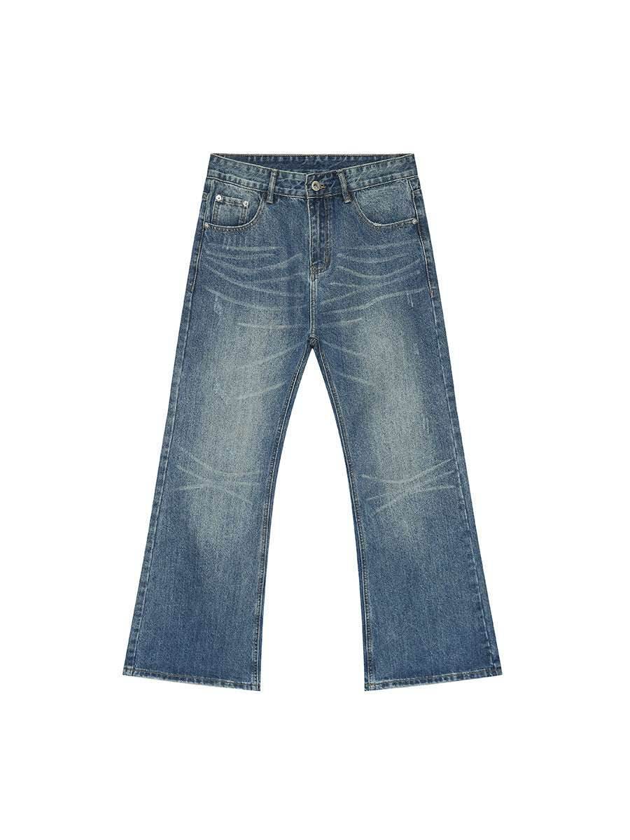 Retro Slimming Water Ripple Slightly Flared Washed Jeans Blue MuddyStock