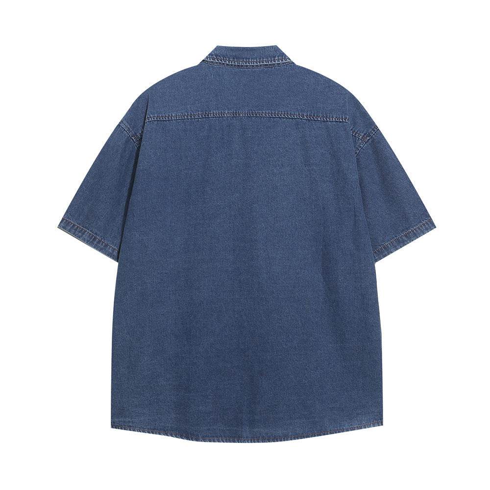 Embroidered Cat Denim Short Sleeve Shirt For Men And Women MuddyStock