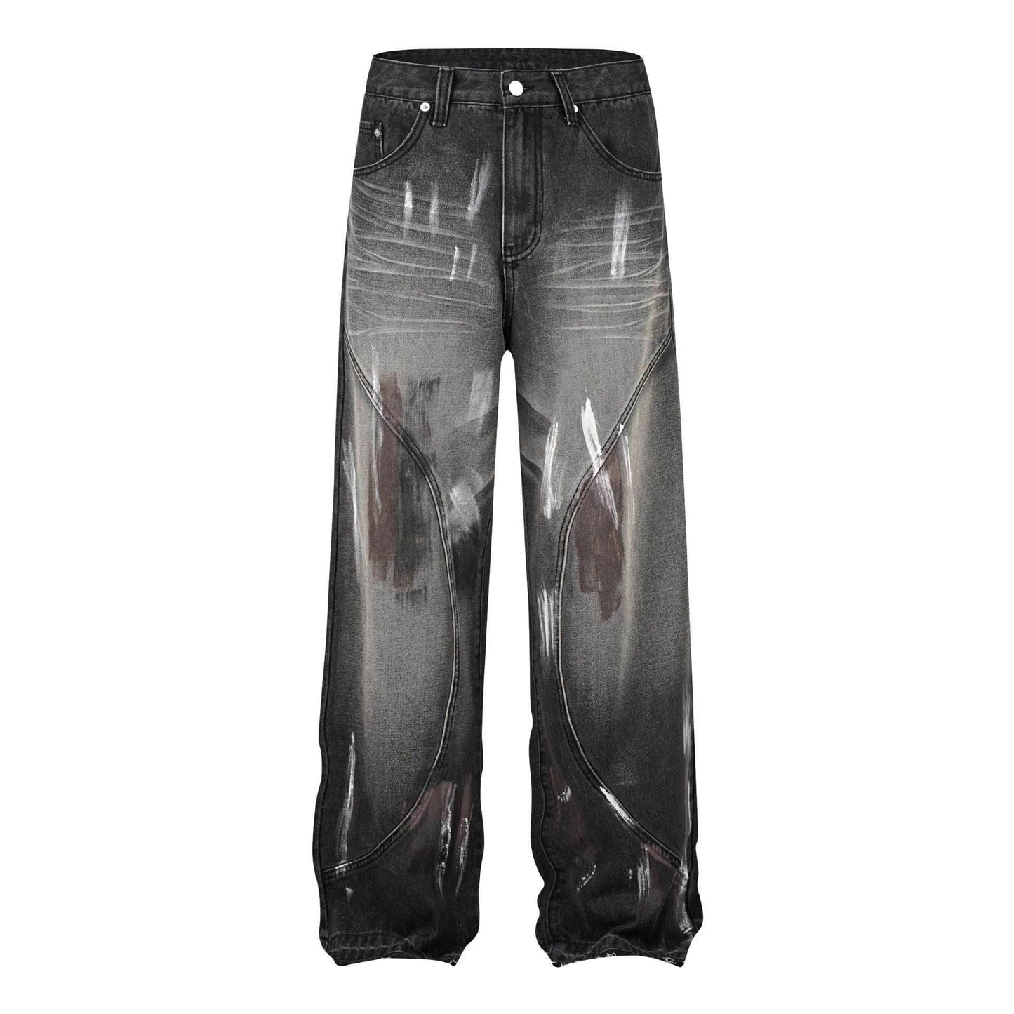 Retro Washed Distressed Graffiti Stitching Jeans Wide-leg Straight Trousers MuddyStock