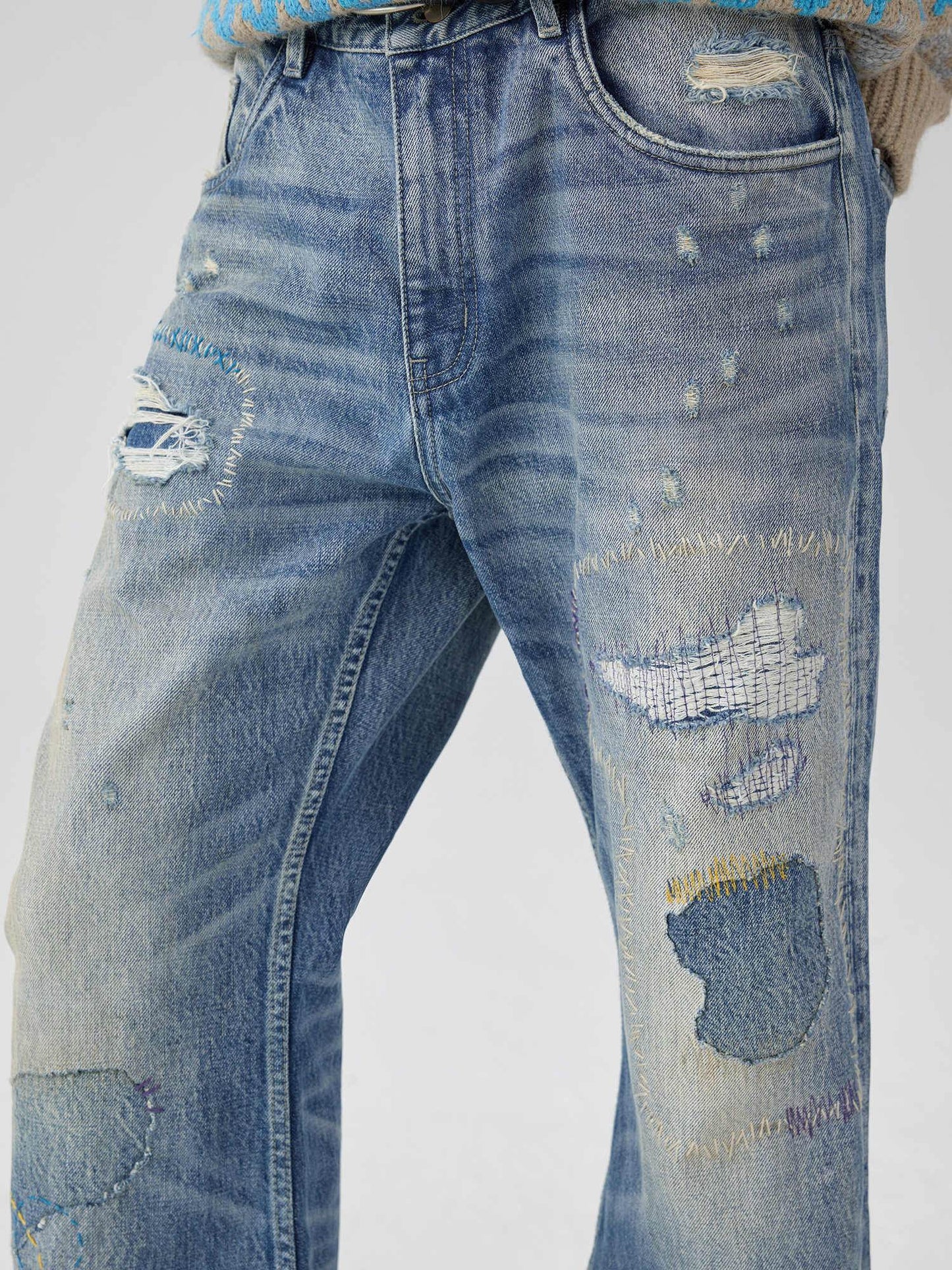Washed Blue Patch Color Wire-track Flared Jeans For Men And Women MuddyStock