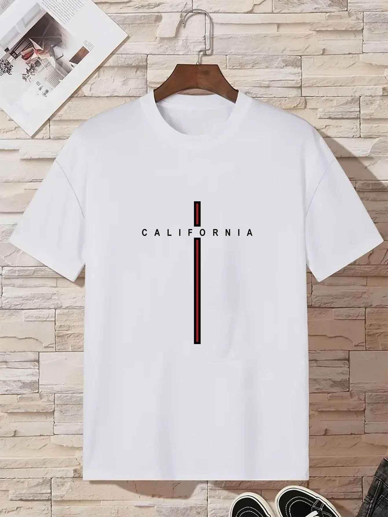 Men's Letter Vertical Line Printing Casual All-match Short-sleeved White