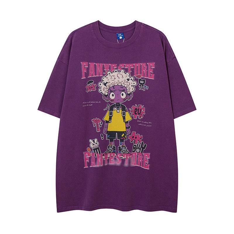 Cartoon Anime Print Distressed T-shirt For Men And Women Purple MuddyStock