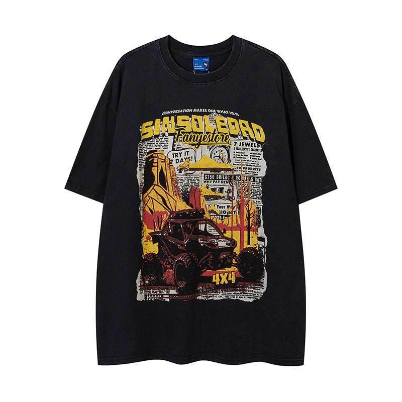 Retro Cartoon Pattern Car Short Sleeve For Men And Women MuddyStock